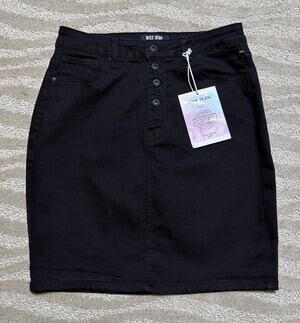 WAX Jeans Women's Size Large Stretch Midi Skirt Button Fly Black Wash NWT